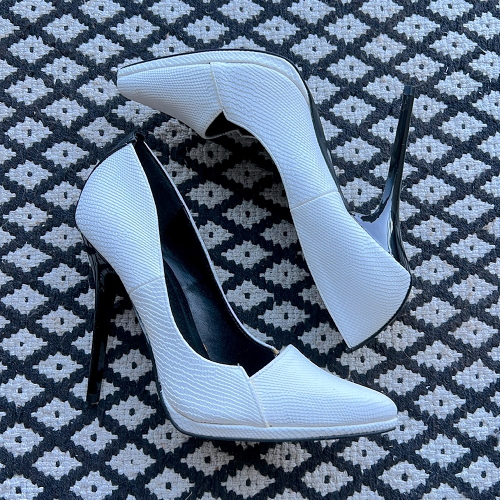 Qupid white and black faux snake skin pointed toe stiletto heels